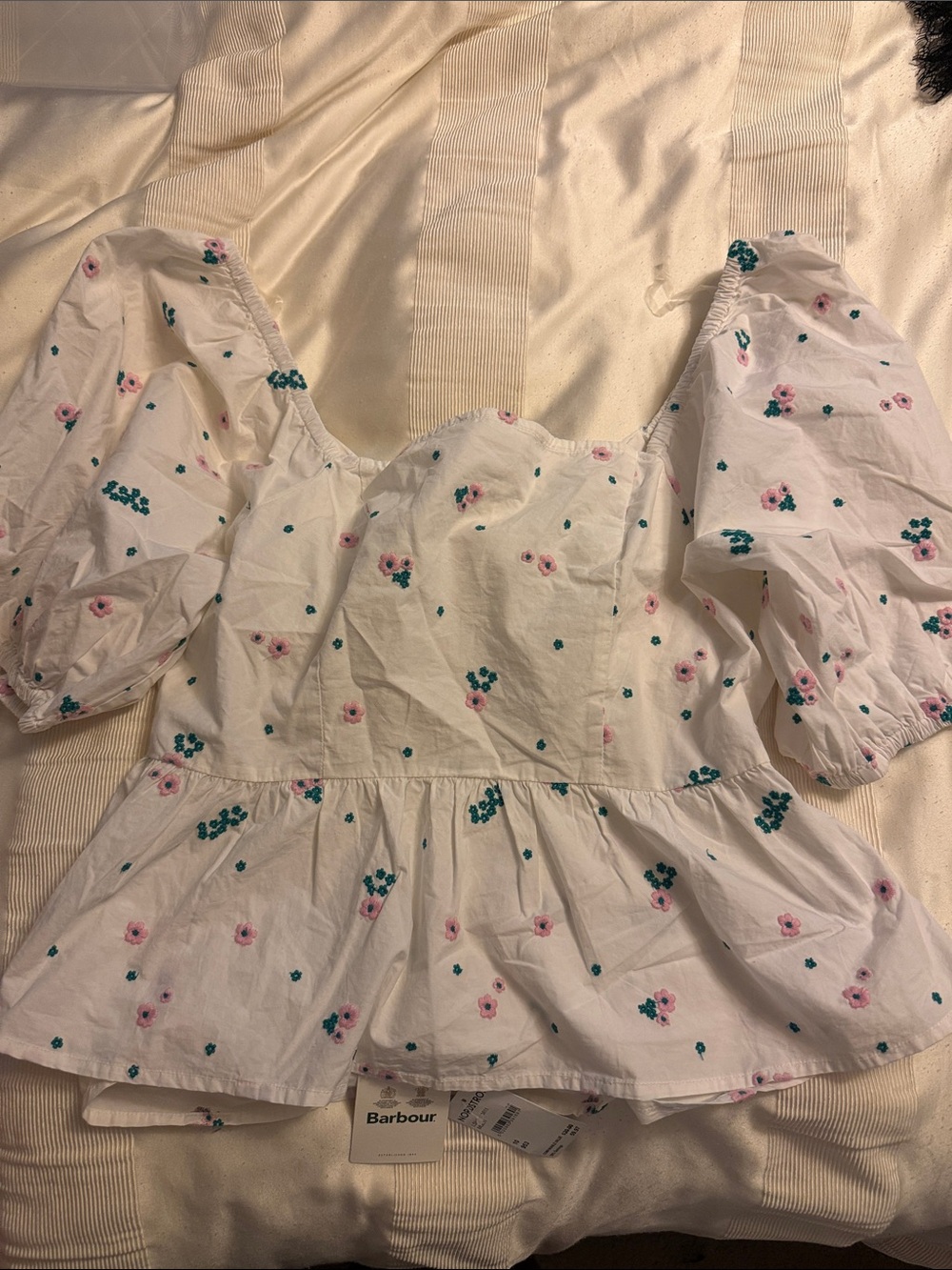 Barbour White Floral Puff Sleeve Peplum Blouse